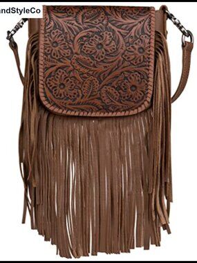 Genuine Leather Fringe Crossbody Purse Western Floral Tooled Bag